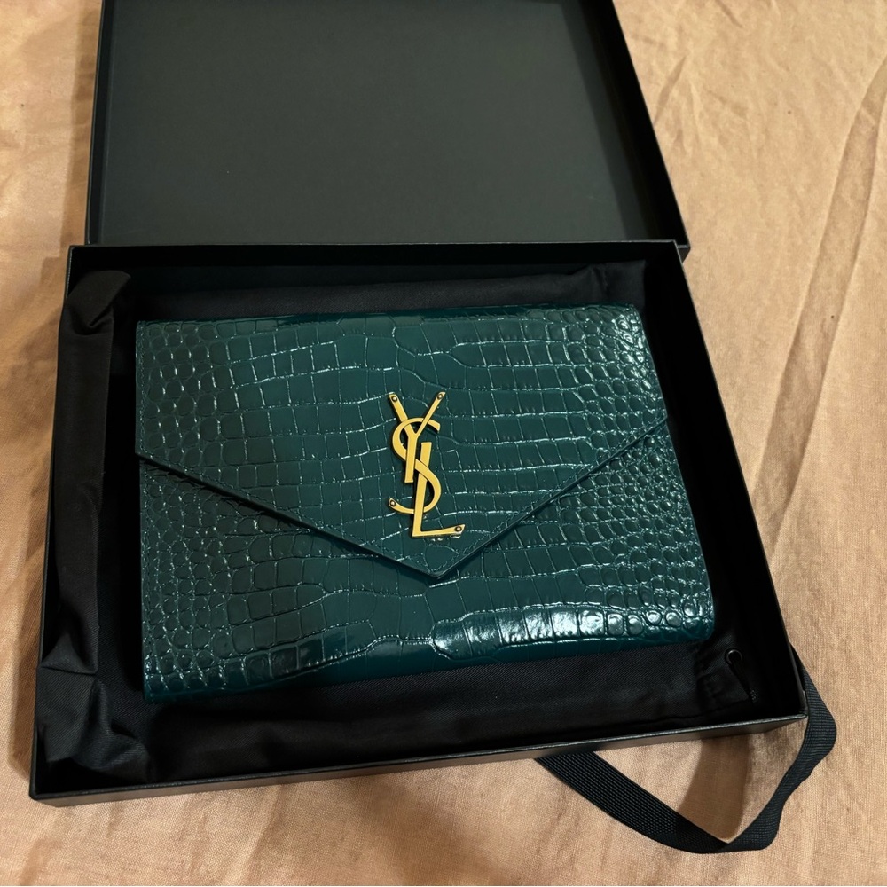Yves Saint Laurent FLAP POUCH IN CROCODILE-EMBOSSED SHINY LEATHER